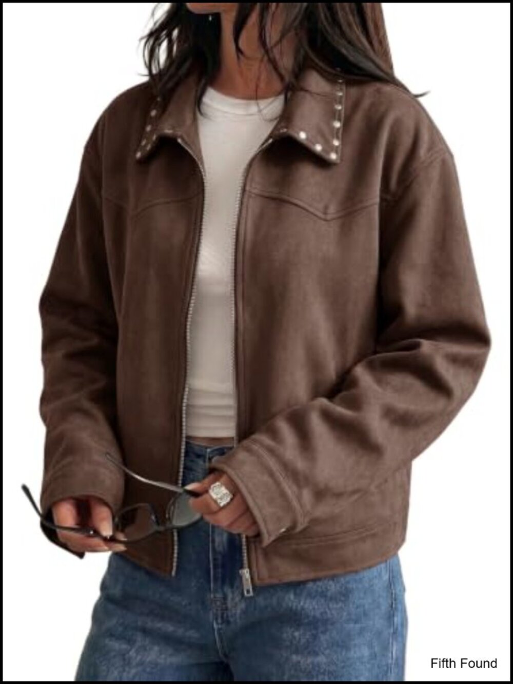 Studded Faux Suede Cropped Jacket Zip Up Long Sleeve Fall